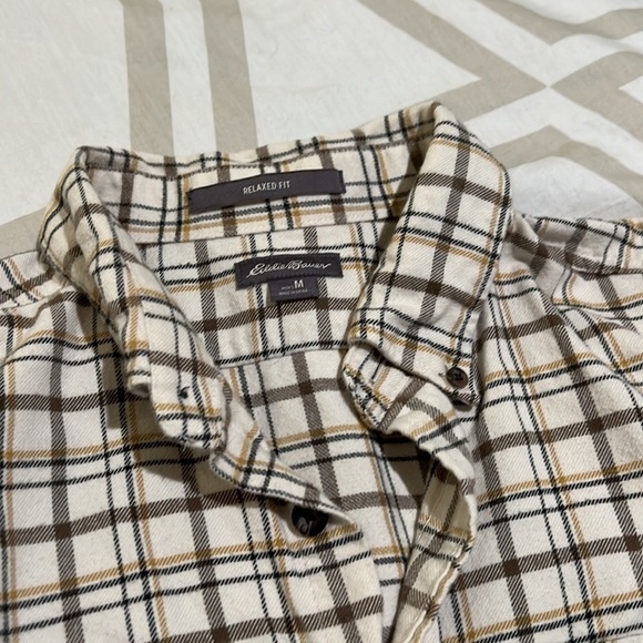 Eddie Bauer Flannel Shirt - Medium - Relaxed Fit - Cream/Gray/Yellow - Picture 3 of 3